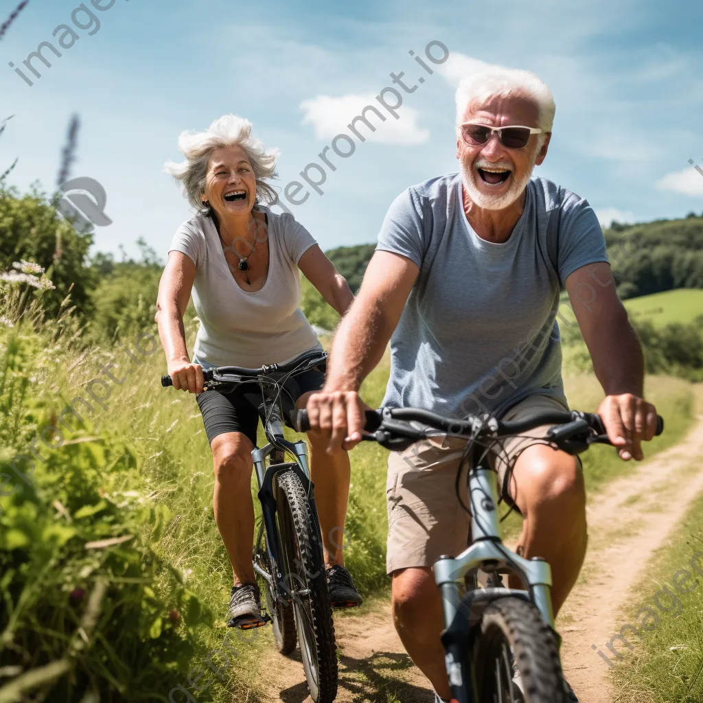 Senior couple cycling on a picturesque trail. - Image 2