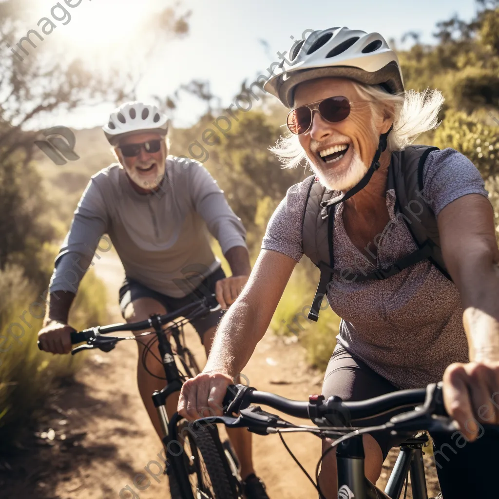 Senior couple cycling on a picturesque trail. - Image 3