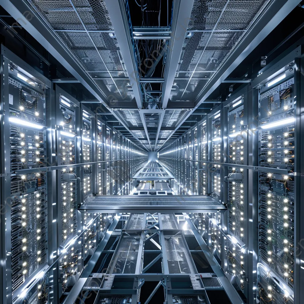 Overview of a cloud computing server farm with illuminated servers and cooling systems. - Image 1