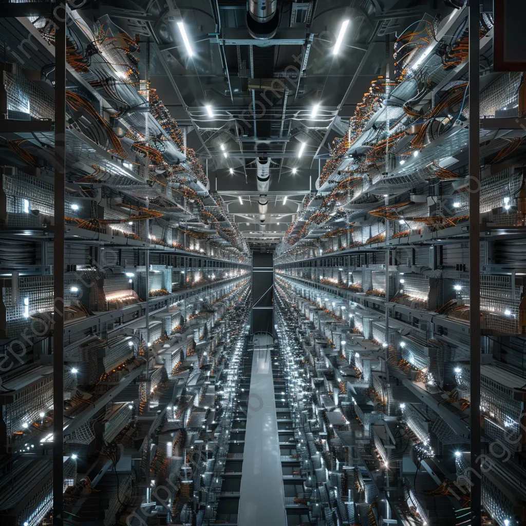 Overview of a cloud computing server farm with illuminated servers and cooling systems. - Image 2