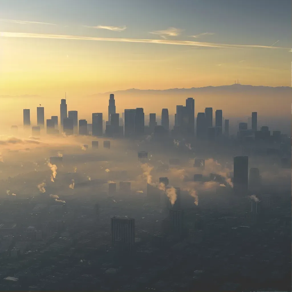 Smog enveloping downtown skyline, depicting city air pollution - Image 1