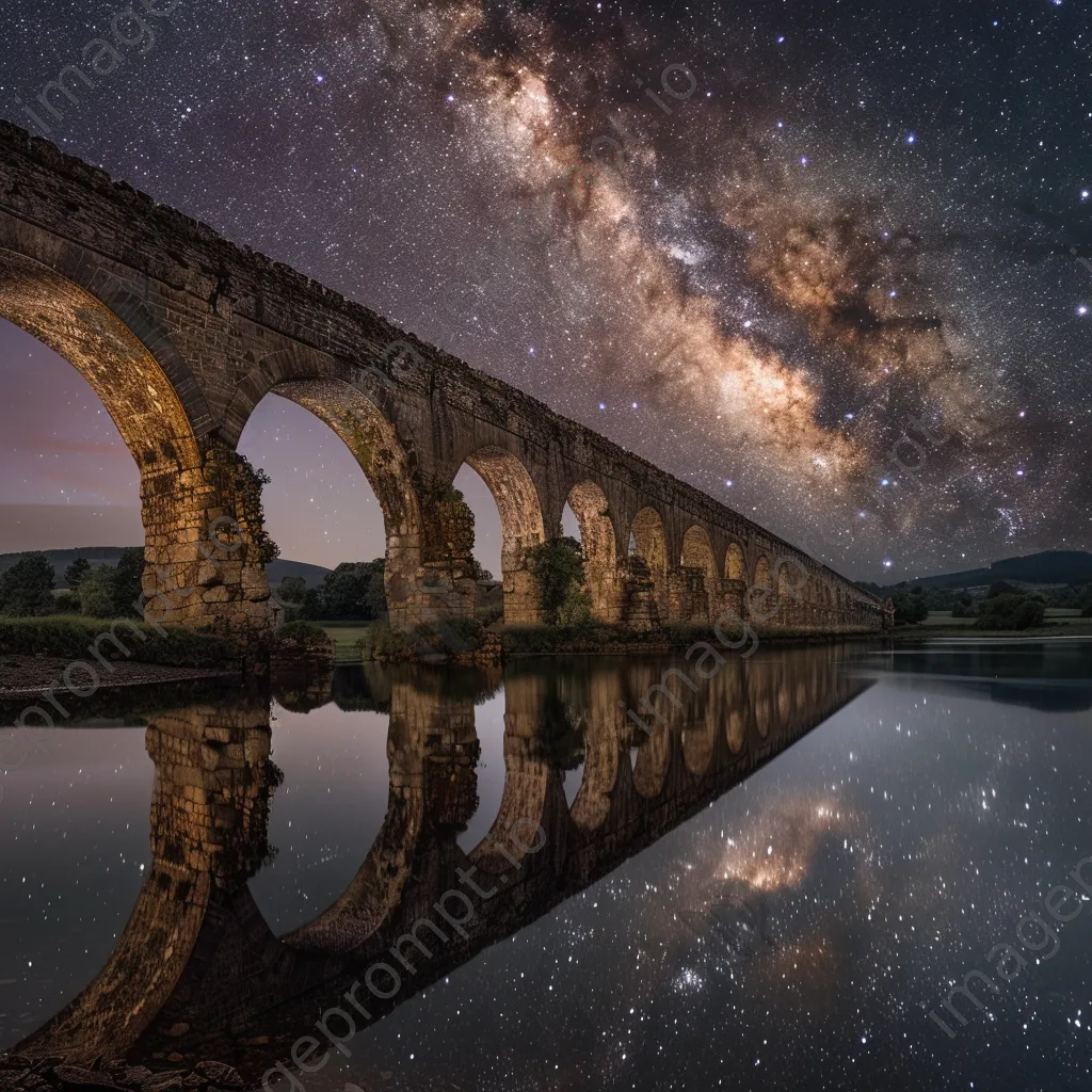 Milky Way over a historic stone bridge with reflections in water - Image 1