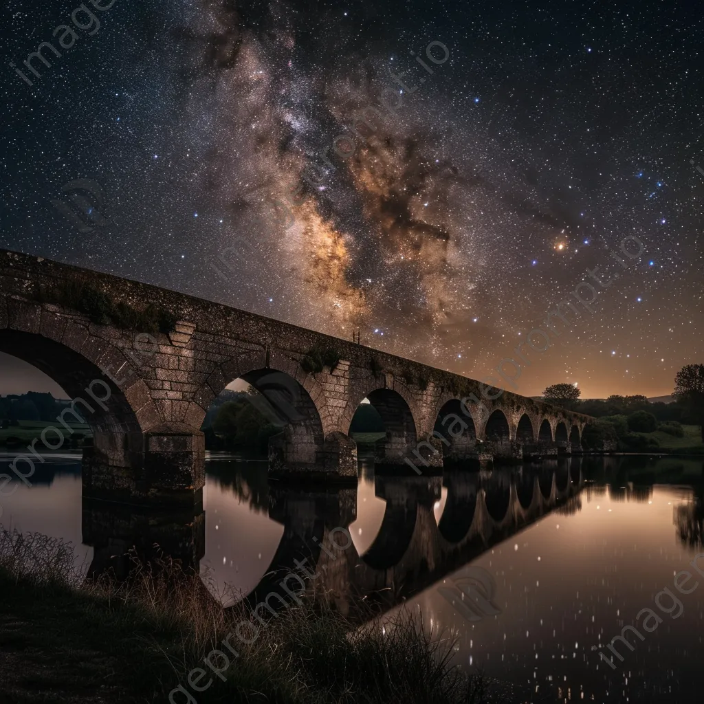 Milky Way over a historic stone bridge with reflections in water - Image 2