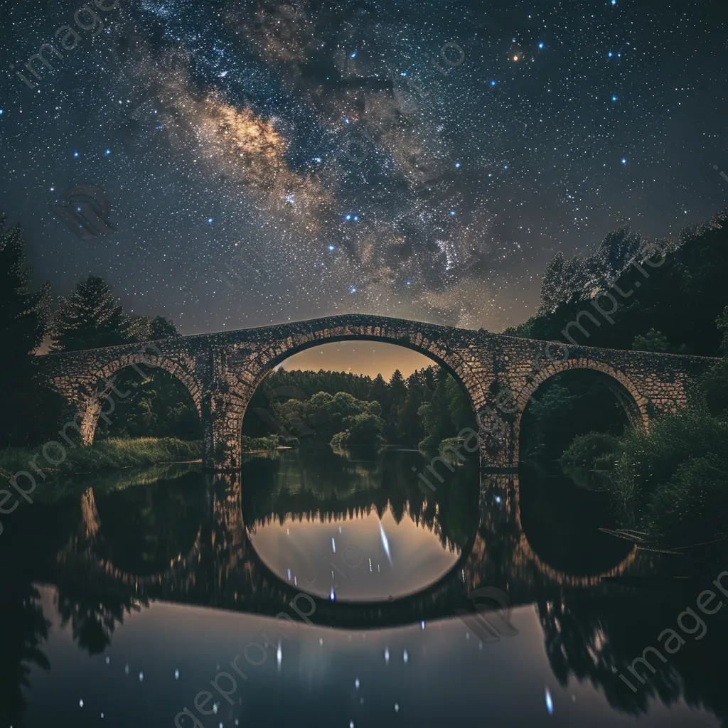 Milky Way over a historic stone bridge with reflections in water - Image 3