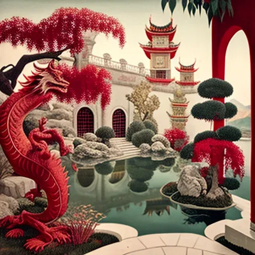 Image of an ornate oriental garden with pagodas, bonsai trees, and a stone dragon statue - Image 1