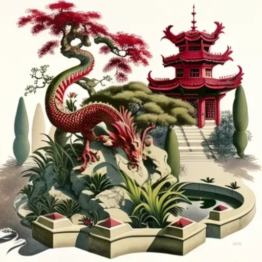 Image of an ornate oriental garden with pagodas, bonsai trees, and a stone dragon statue - Image 2