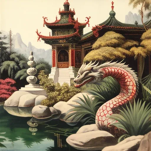 Image of an ornate oriental garden with pagodas, bonsai trees, and a stone dragon statue - Image 3