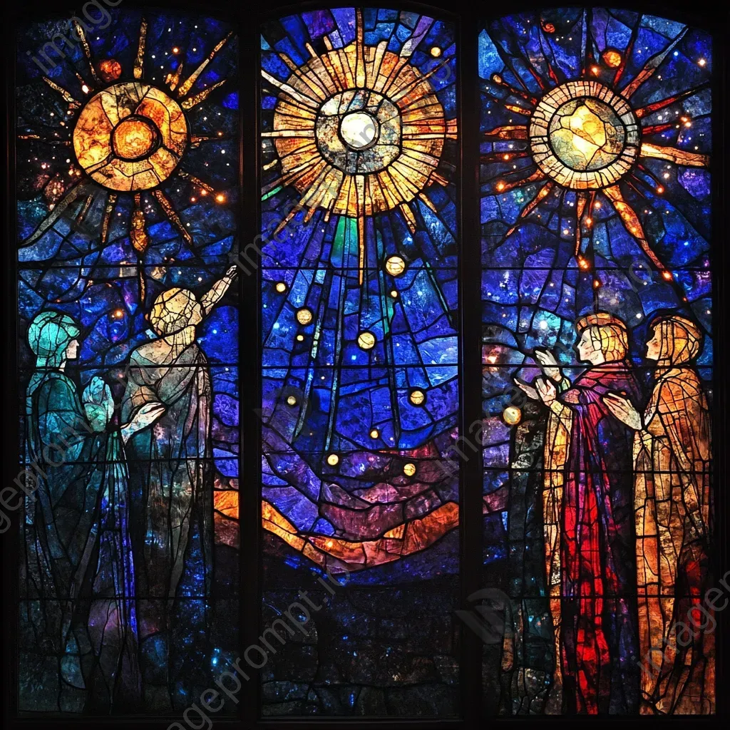 Stained-glass style depiction of magic-infused celestial bodies under a cobalt sky - Image 1