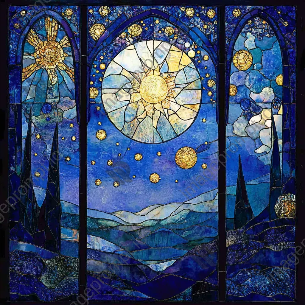 Stained-glass style depiction of magic-infused celestial bodies under a cobalt sky - Image 2