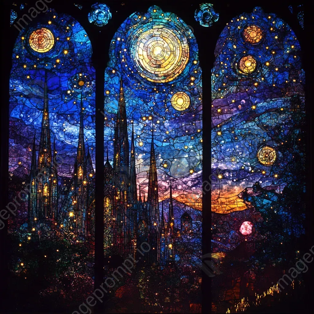 Stained-glass style depiction of magic-infused celestial bodies under a cobalt sky - Image 3