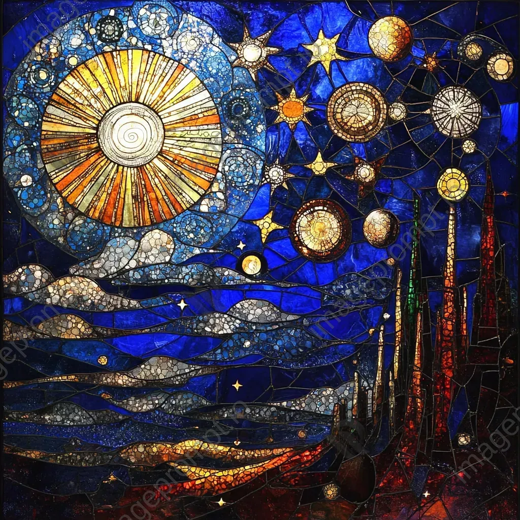 Stained-glass style depiction of magic-infused celestial bodies under a cobalt sky - Image 4