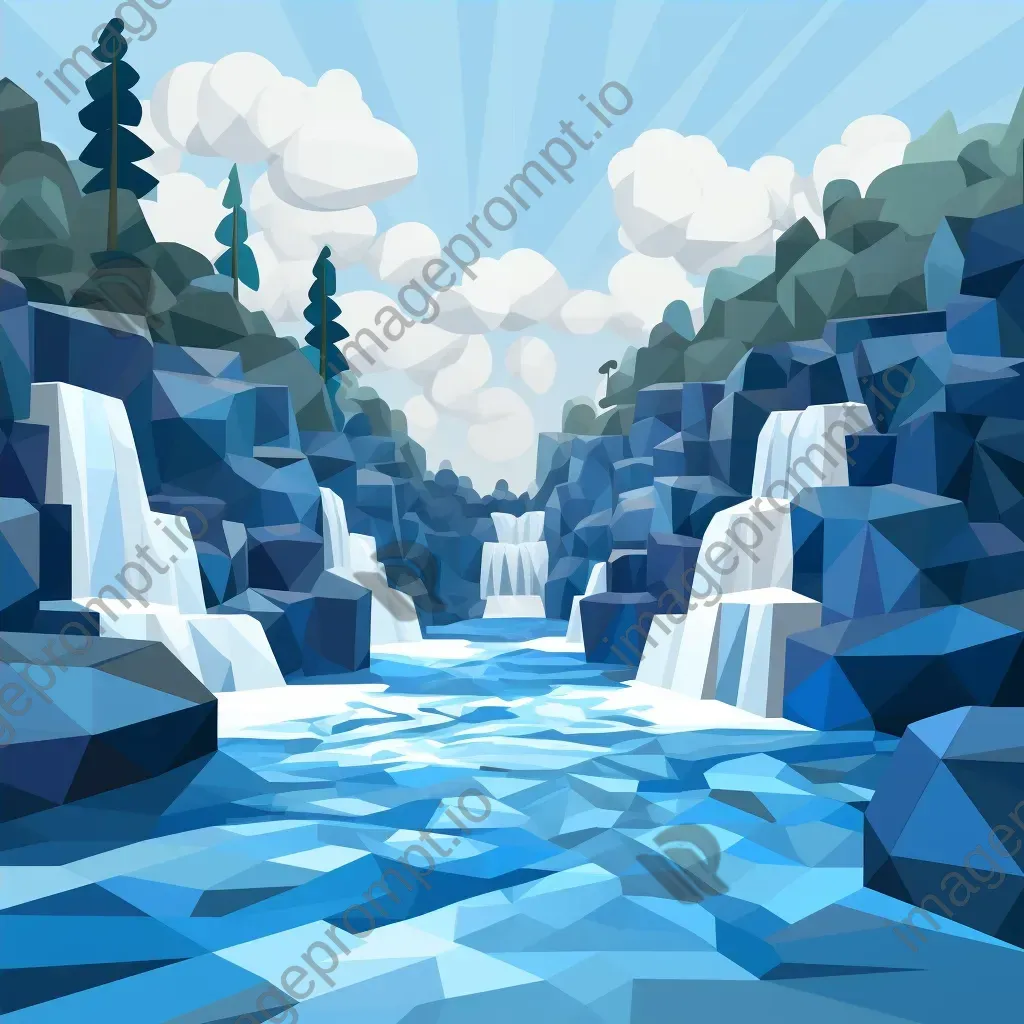 Low-poly rendition of a roaring waterfall in blue tones - Image 4