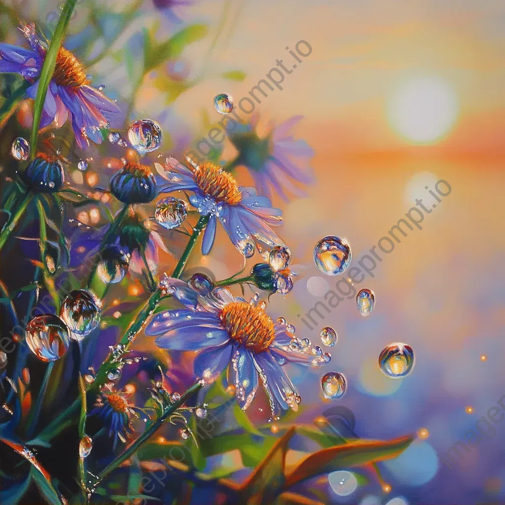 Pastel color painting of dew-spangled wildflowers at dawn - Image 2