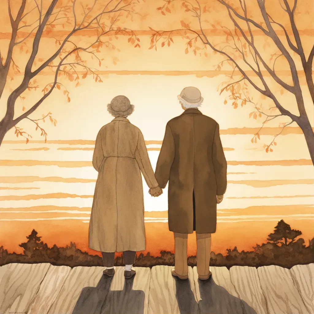 Image of an elderly couple silhouetted against the sunset, symbolizing enduring love and companionship - Image 1