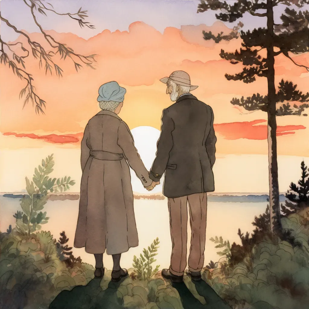 Image of an elderly couple silhouetted against the sunset, symbolizing enduring love and companionship - Image 2