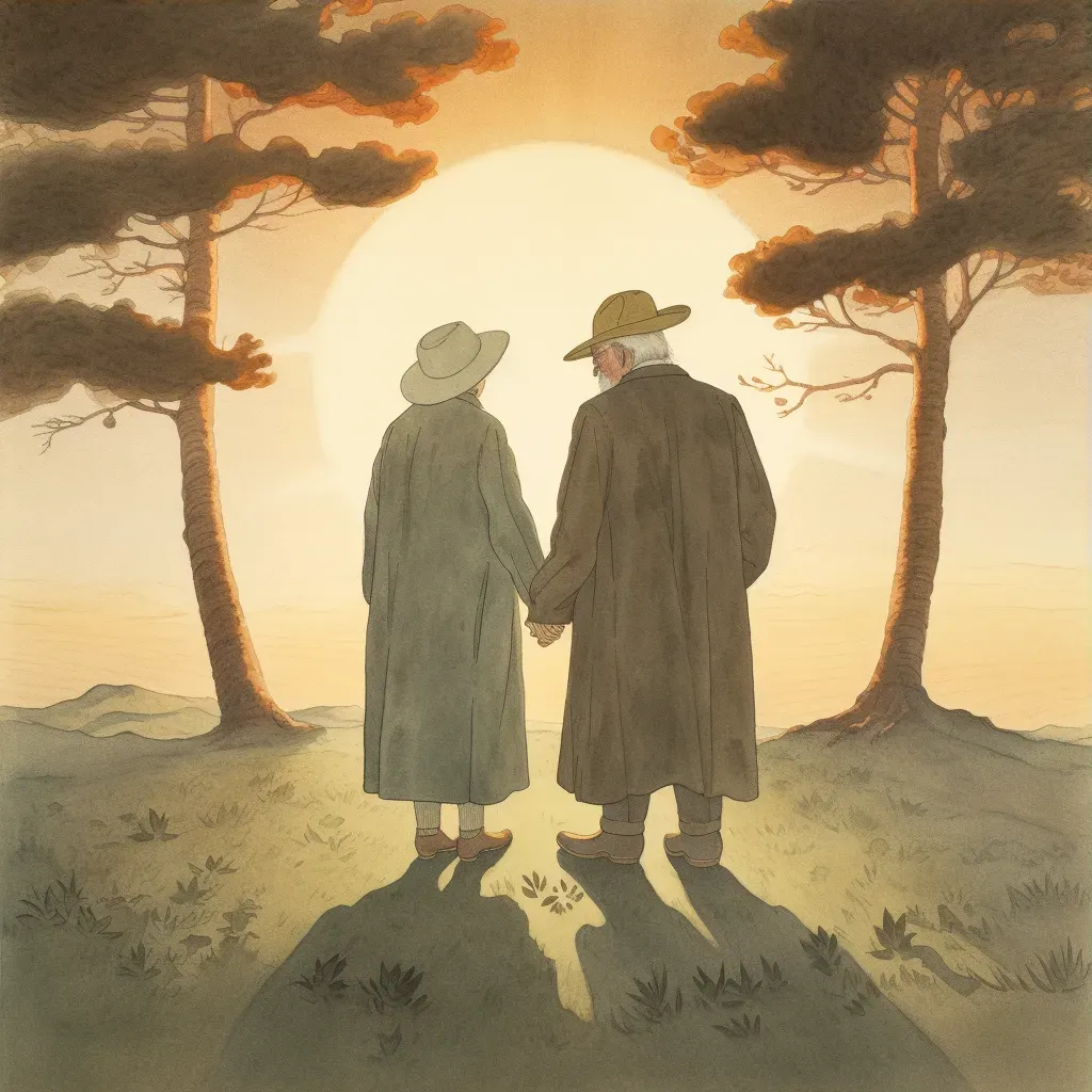 Image of an elderly couple silhouetted against the sunset, symbolizing enduring love and companionship - Image 3