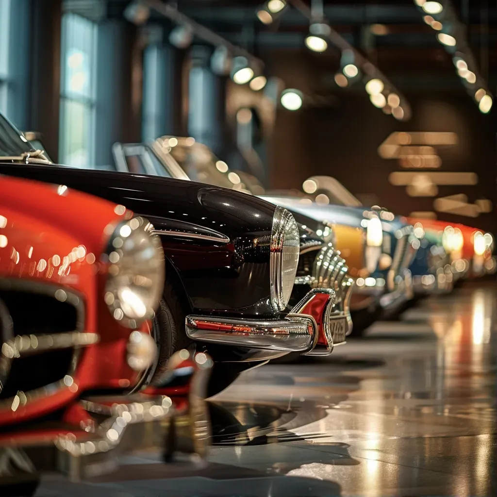 Vintage car showroom display with classic models under elegant lighting - Image 1