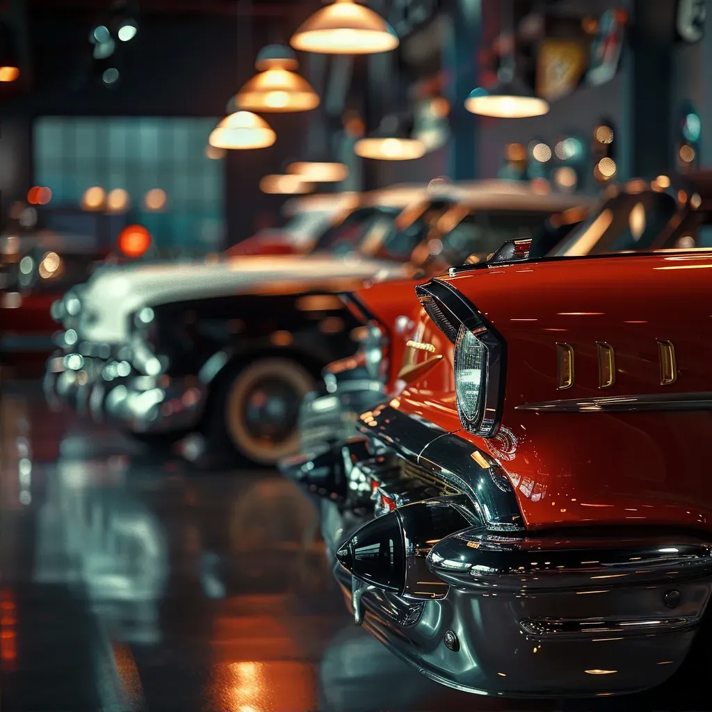 Vintage car showroom display with classic models under elegant lighting - Image 2