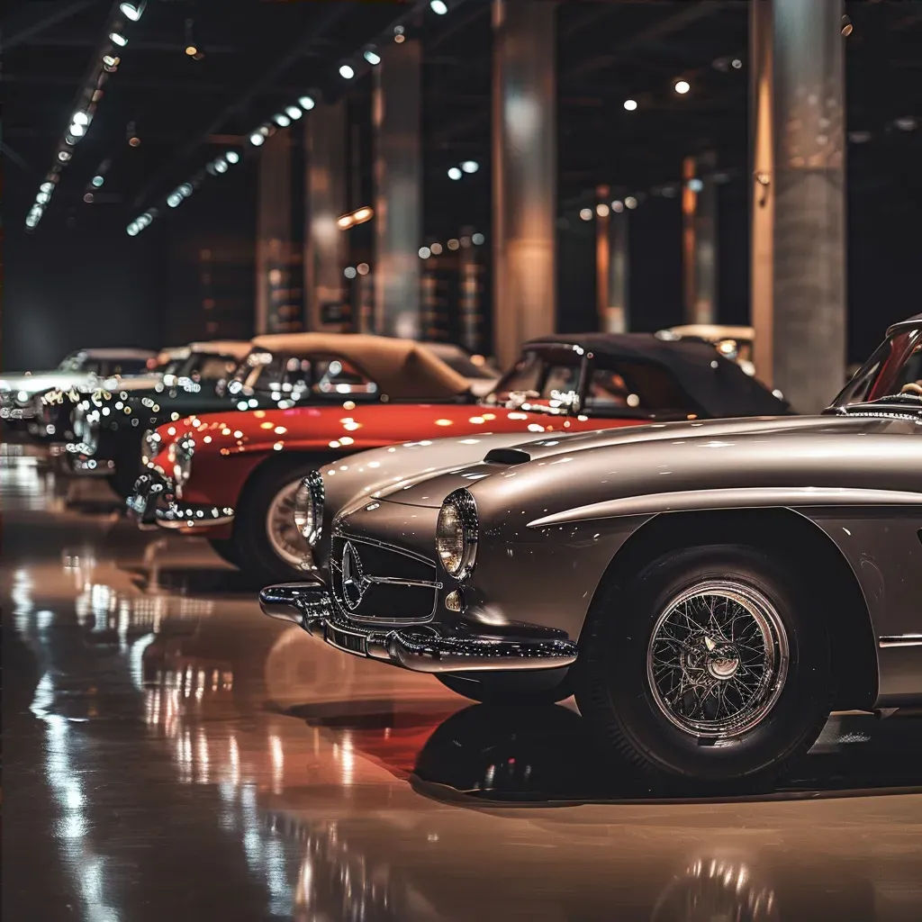 Vintage car showroom display with classic models under elegant lighting - Image 4