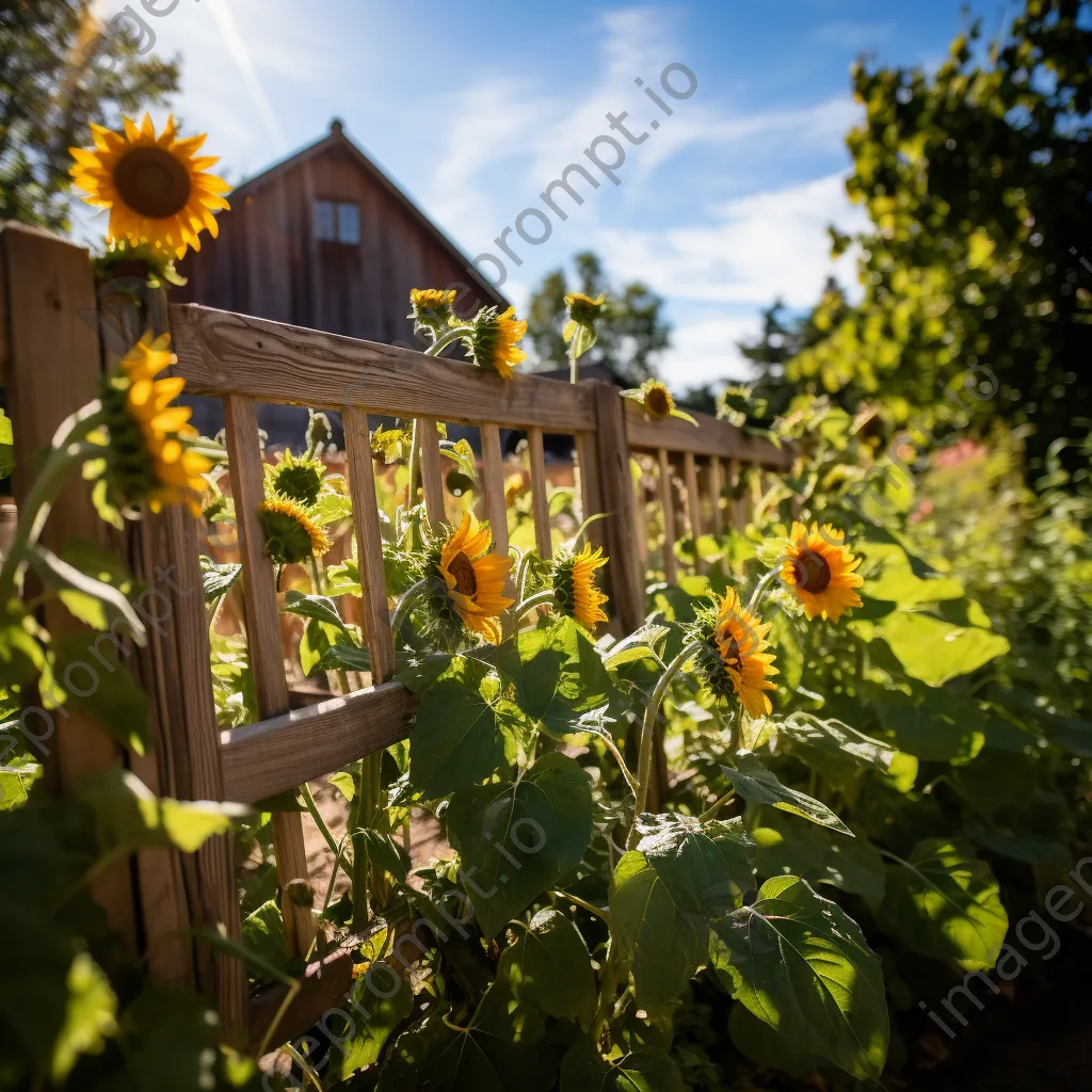 Sunflower field with rustic fences under sunlight. - Image 1