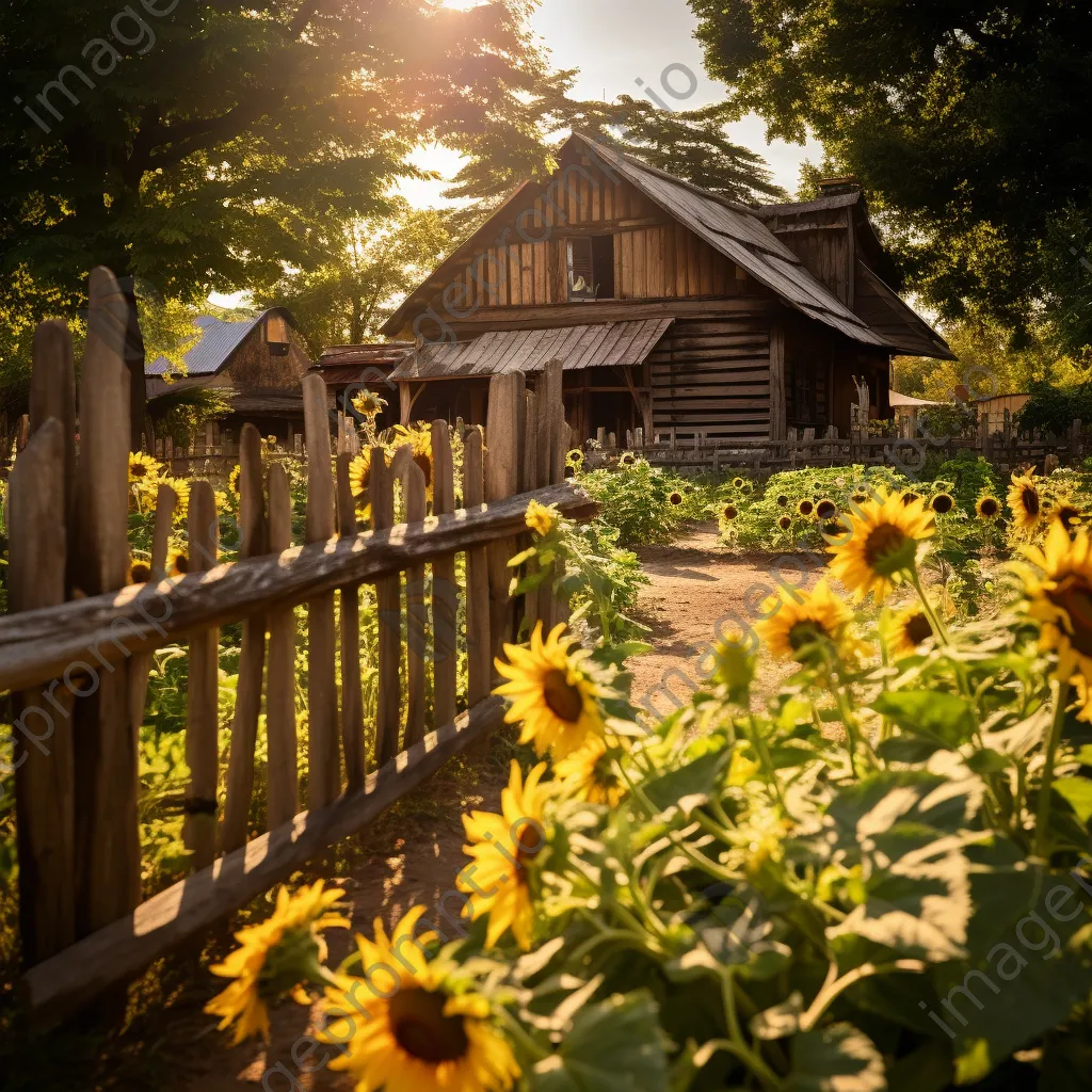 Sunflower field with rustic fences under sunlight. - Image 2