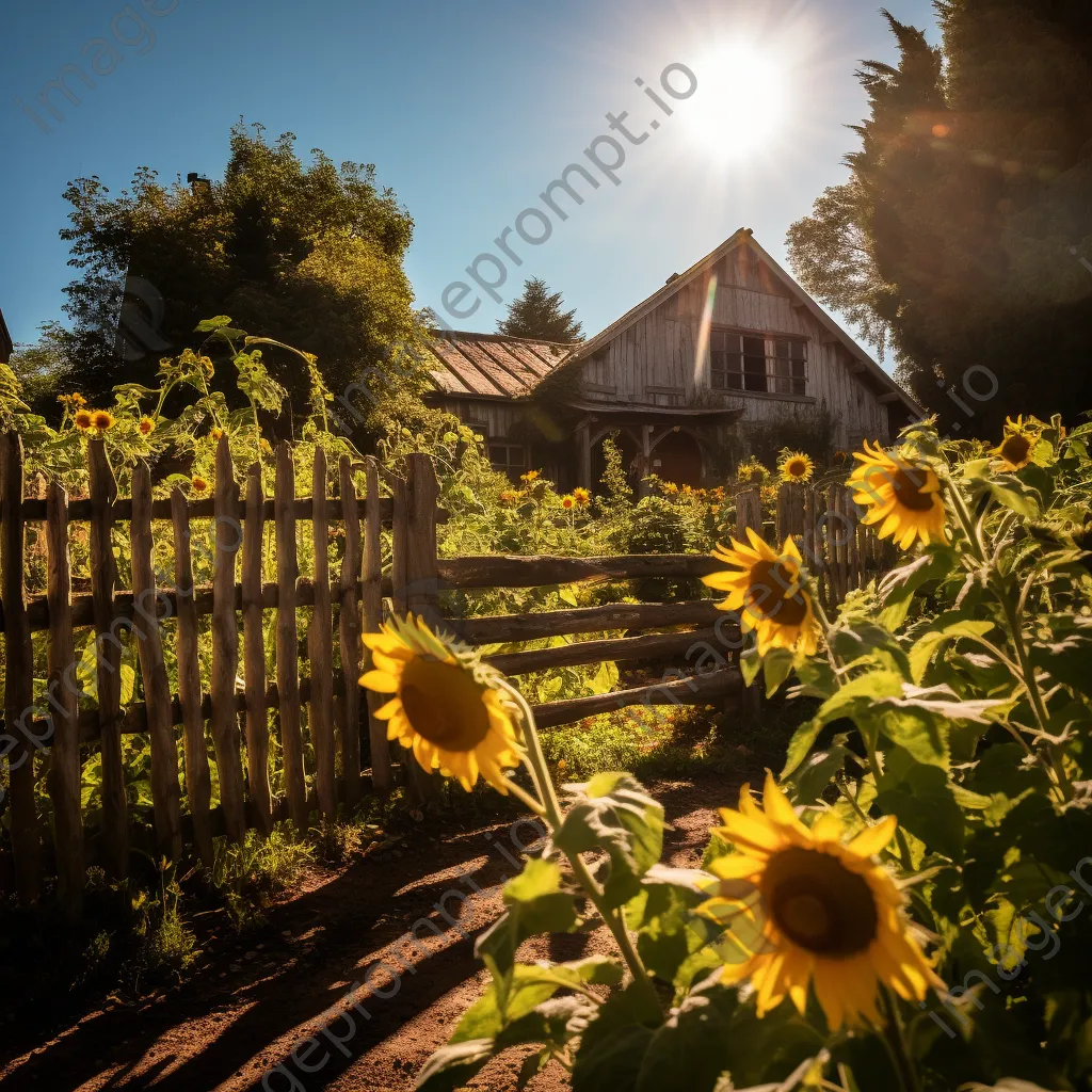 Sunflower field with rustic fences under sunlight. - Image 3