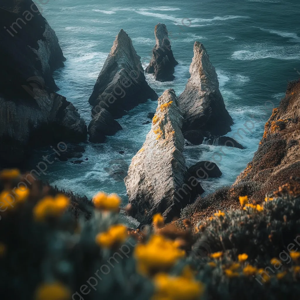 Close-up of coastal sea stacks with marine flora - Image 4