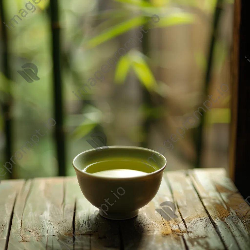 Close-up of brewed green tea with bamboo in the background. - Image 1