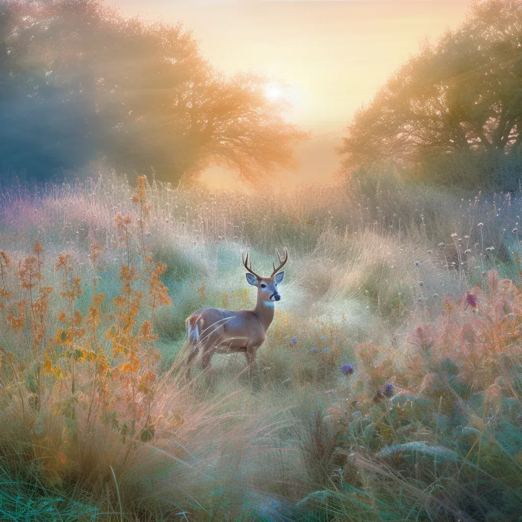 Picture of a dewy meadow with a grazing deer at dawn - Image 1