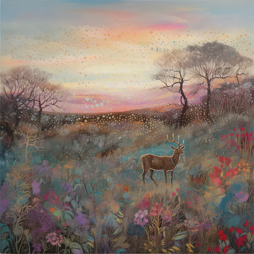 Picture of a dewy meadow with a grazing deer at dawn - Image 2