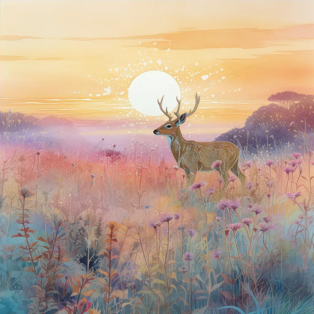 Picture of a dewy meadow with a grazing deer at dawn - Image 4