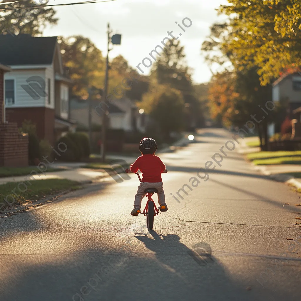 Child learning to ride their first bicycle on a quiet street - Image 1