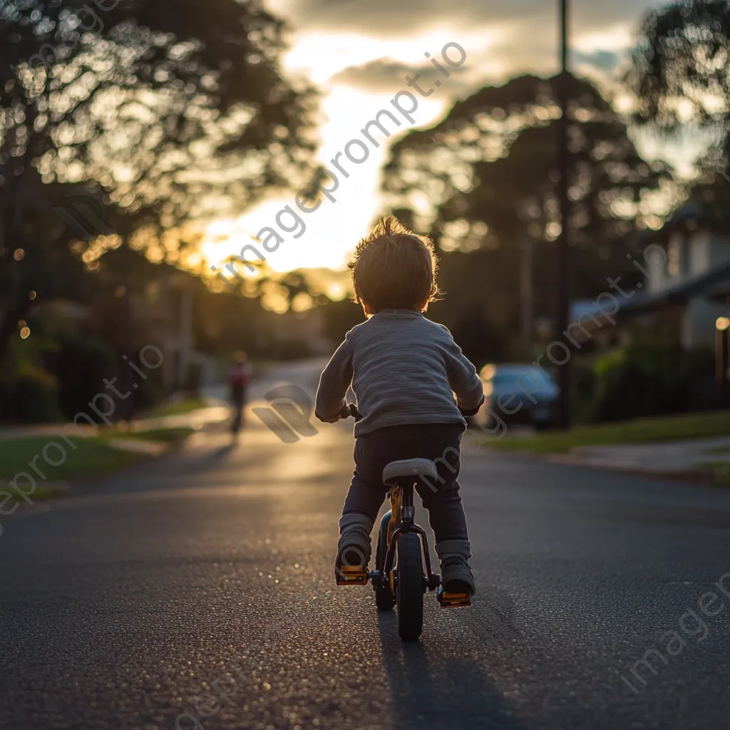 Child learning to ride their first bicycle on a quiet street - Image 2