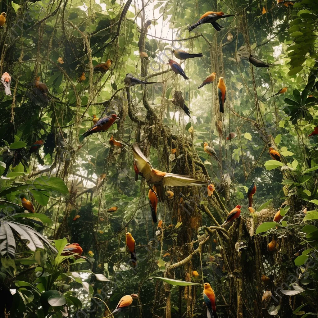 Close-up of jungle canopy with vibrant birds and dense foliage - Image 1