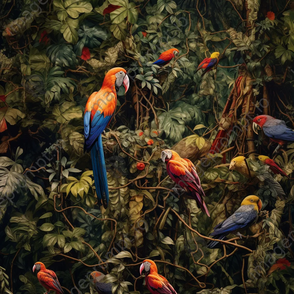 Close-up of jungle canopy with vibrant birds and dense foliage - Image 2