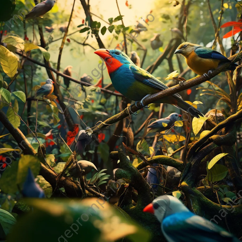 Close-up of jungle canopy with vibrant birds and dense foliage - Image 3