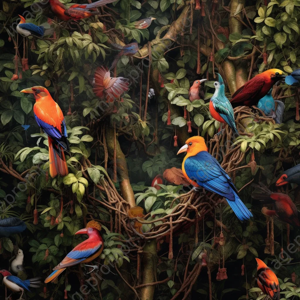 Close-up of jungle canopy with vibrant birds and dense foliage - Image 4