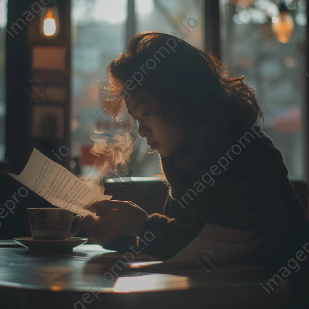 Graduate reading acceptance letter at a coffee shop with coffee - Image 1