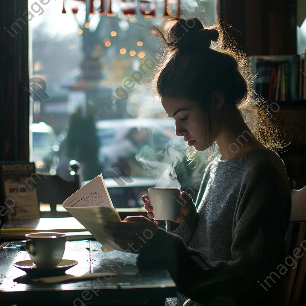 Graduate reading acceptance letter at a coffee shop with coffee - Image 2