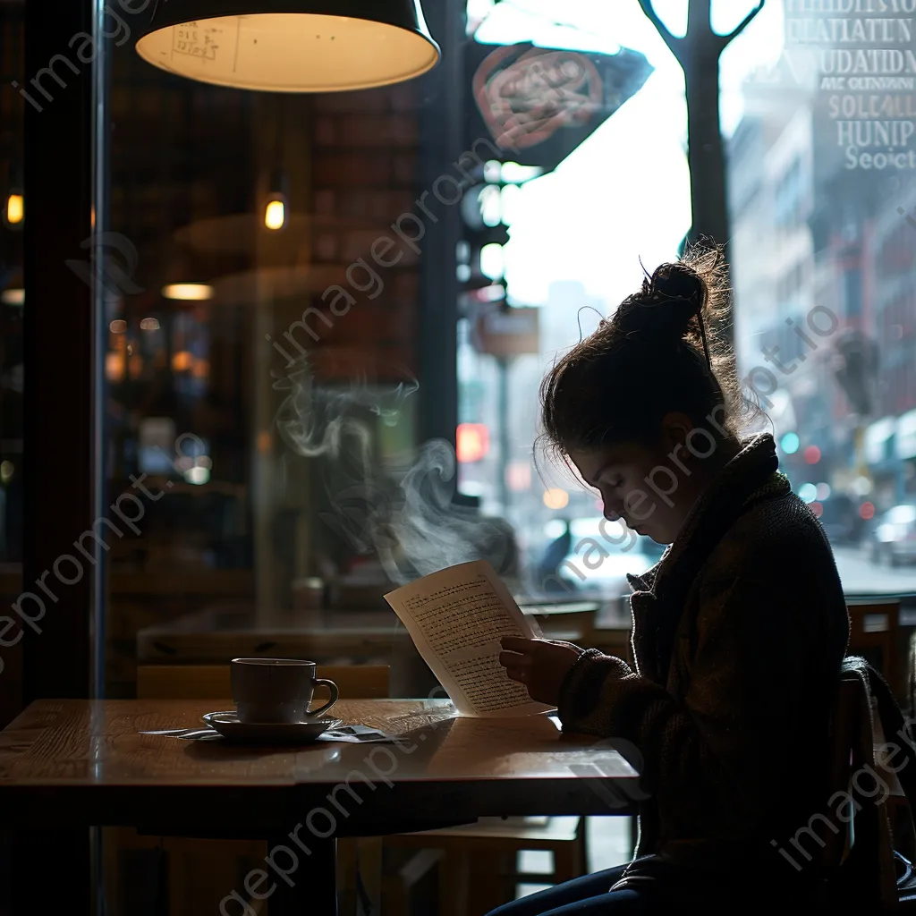 Graduate reading acceptance letter at a coffee shop with coffee - Image 3