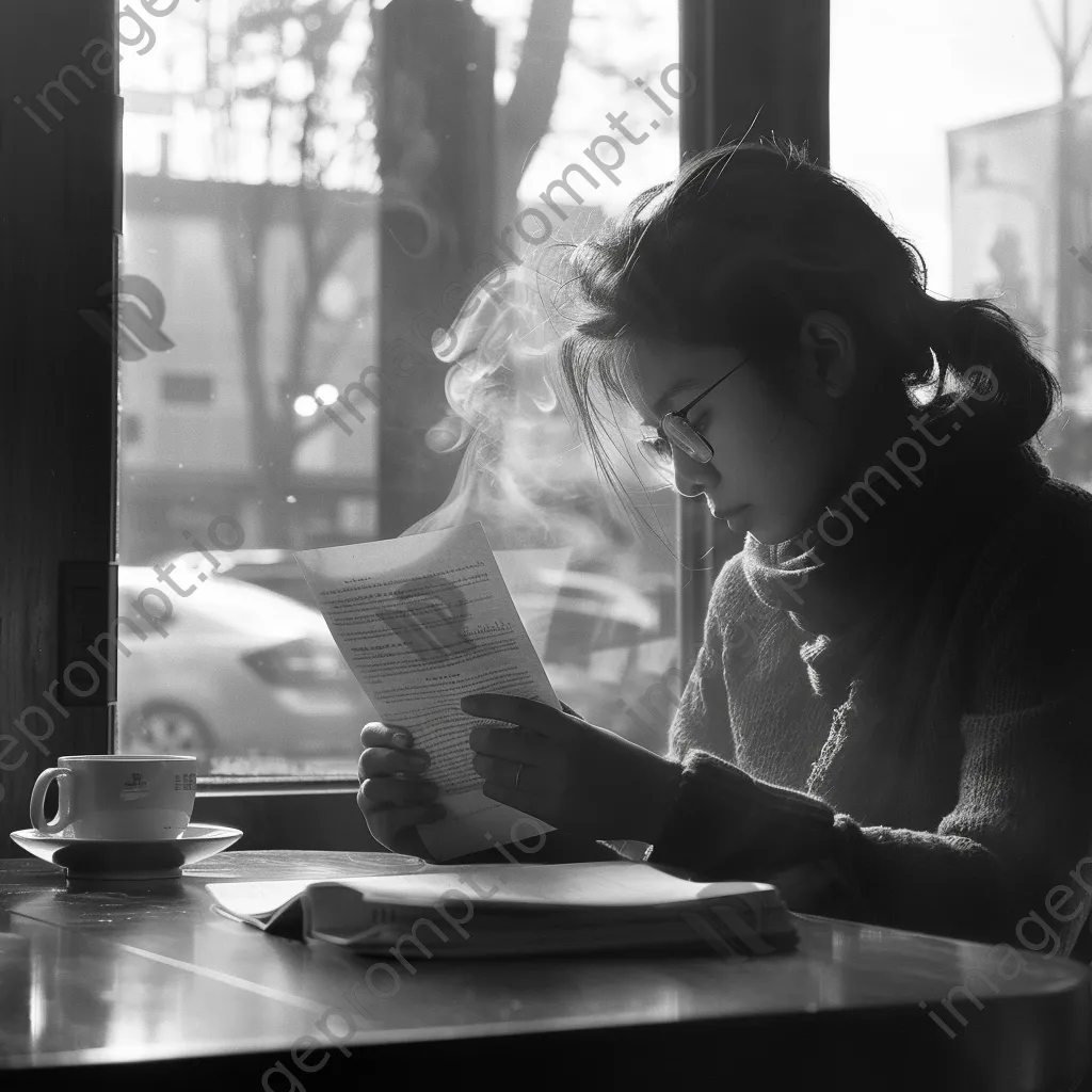 Graduate reading acceptance letter at a coffee shop with coffee - Image 4