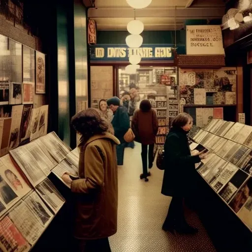 Image of a 1970s vinyl record store with rows of albums and posters - Image 1