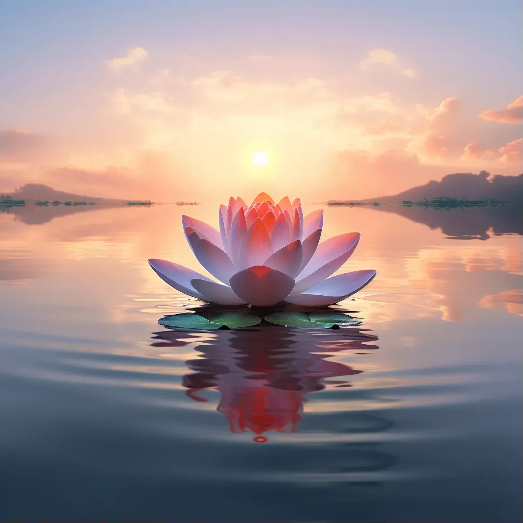 Image of a calm lake with a single lotus flower in full bloom, reflecting the setting sun