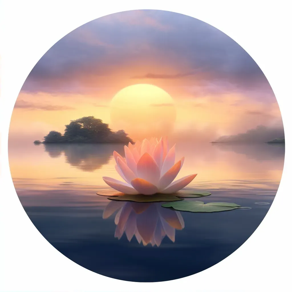 Image of a calm lake with a single lotus flower in full bloom, reflecting the setting sun