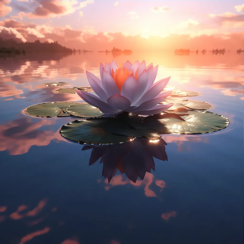 Image of a calm lake with a single lotus flower in full bloom, reflecting the setting sun