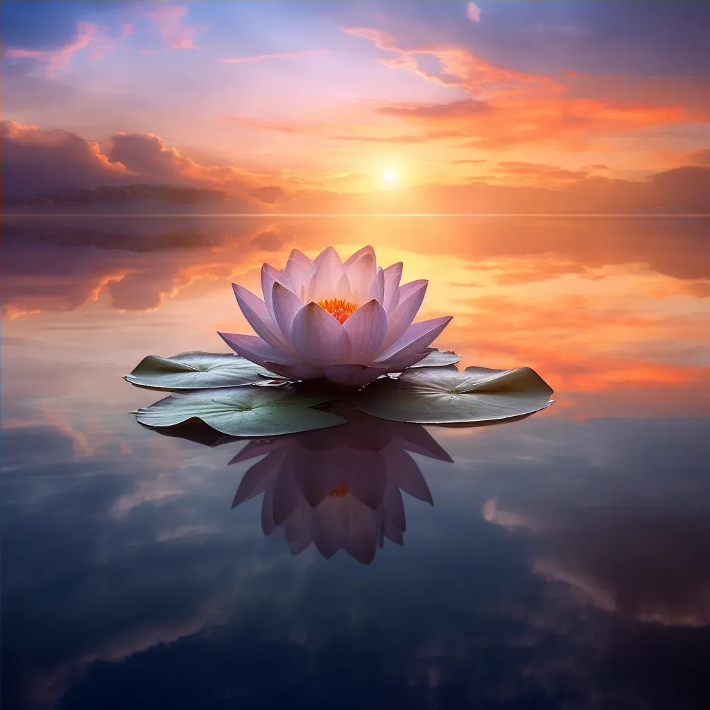 Image of a calm lake with a single lotus flower in full bloom, reflecting the setting sun