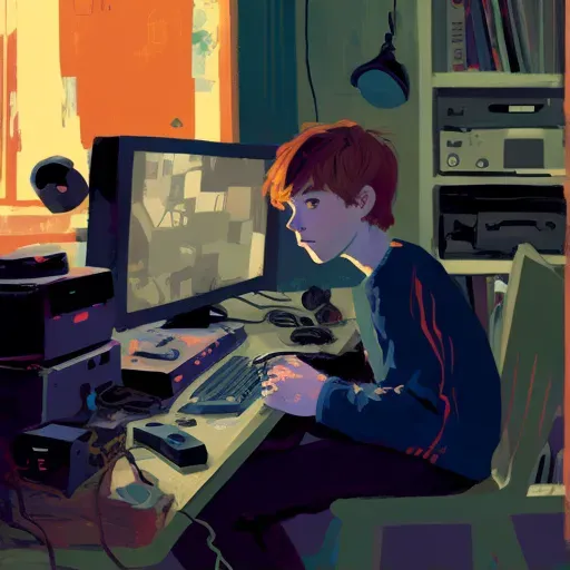 Illustration of a young person playing video games on a high-tech setup - Image 1