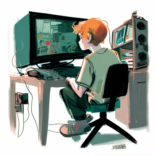 Illustration of a young person playing video games on a high-tech setup - Image 2