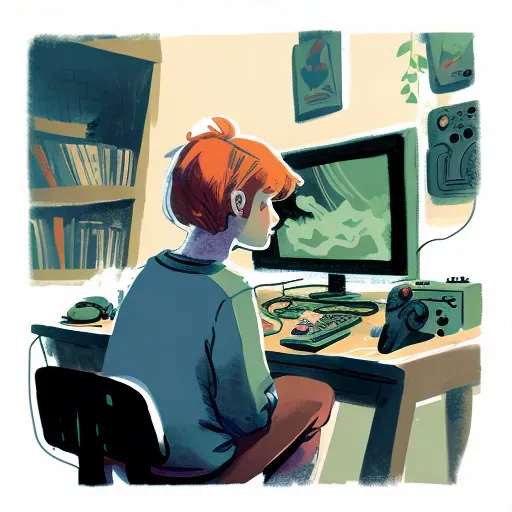 Illustration of a young person playing video games on a high-tech setup - Image 3