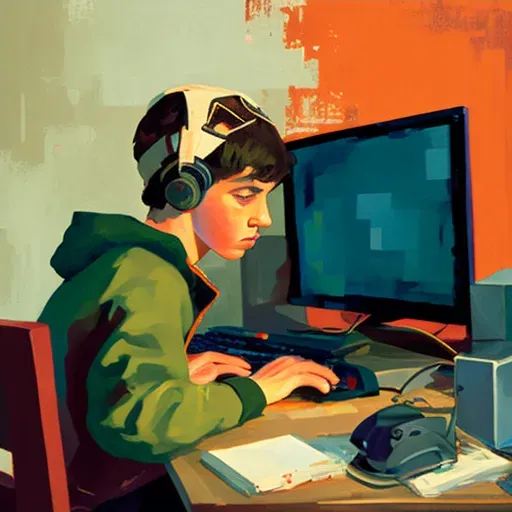 Illustration of a young person playing video games on a high-tech setup - Image 4